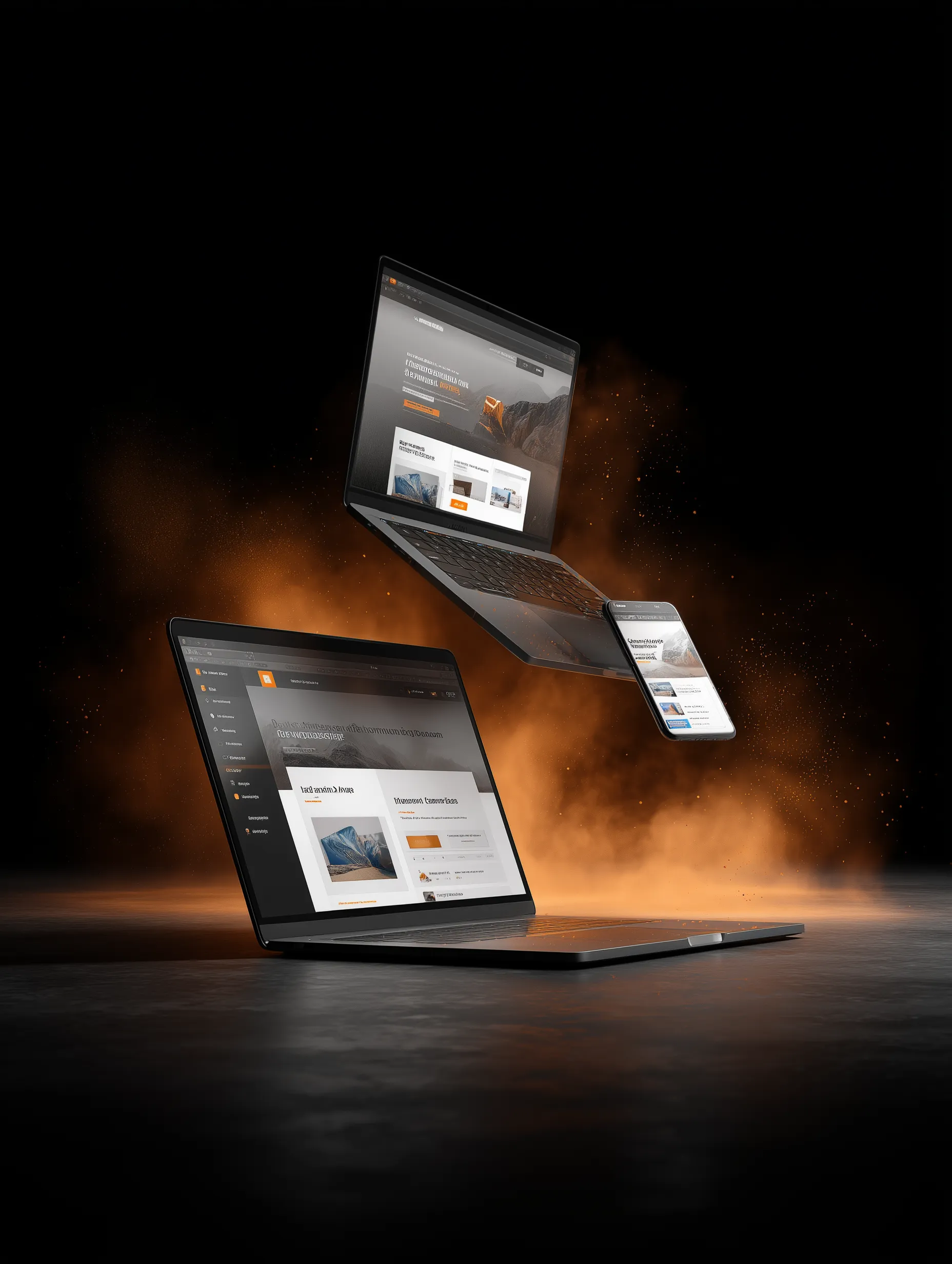 Computer, tablet and smartphone displaying responsive websites